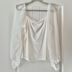 White Sheer Puff Sleeve Ribbed Women's Blouse